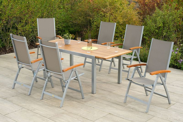Merxx Naxos Set 7-teilig, 6 Naxos Klappsessel, 1 Ausziehtisch 150 (200) x 90 cm, Aluminium mit Textilbespannung und FSC Akazienholz, 50656-309