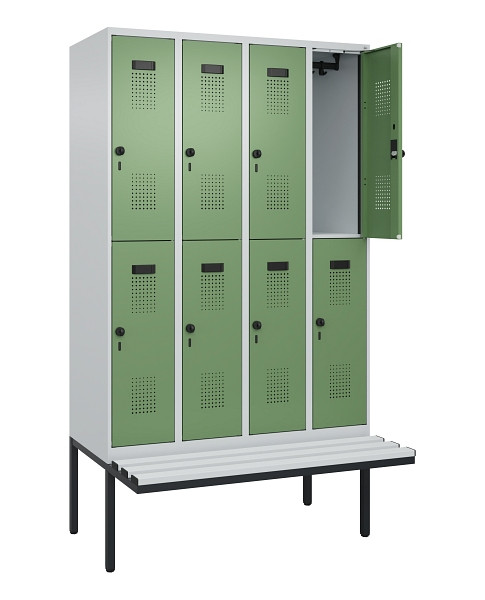 C+P Doppelstock-Spind Evolo PLUS, Bank, 8 Fächer, 2120x1200x815mm, 7035/6011, Drehriegel, Sitzfläche Kunststoff, 0493407-40 S10091