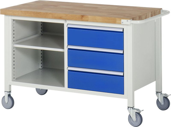RAU Fahrbare Werkbank 8000- Modell 8462, B1250xT700xH880-1080mm, Doppel-Unterbau-Container, links Fachboden, rechts Schubladen 3x180mm, 05-8462A2-127B4H.11