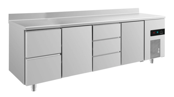 A&S Polarny Kühltisch -2 bis +8°C mit 2x Türen, zwei Schubladen links und drei Schubladen mittig-rechts, 2330 x 700 x 850 mm, mit Aufkantung, KT4ZTDTA