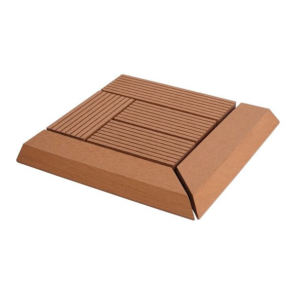 Mendler WPC Eck-Bodenfliese Rhone + Abschluss, Holzoptik Terrasse, 30x30cm Premium, Ecke, teak versetzt, 77627