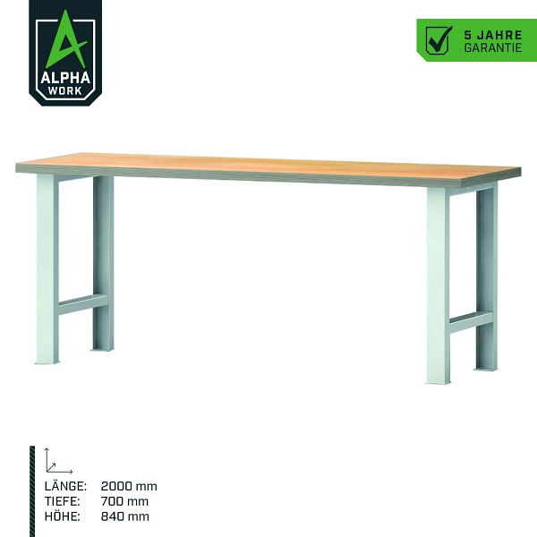 Alpha Work Reihenwerkbank Basic, 2000 x 840 x 700 mm, Lichtgrau, Buchen-Multiplexplatte, 07271