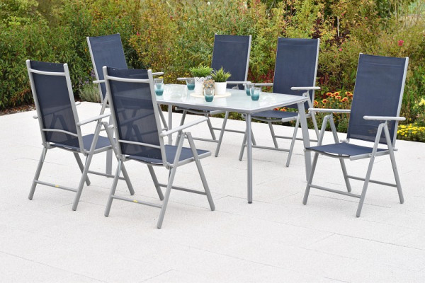 Merxx Amalfi Set 7-teilig, 6 Amalfi Klappsessel, Rückenlehne verstellbar, 1 Tisch 150 x 90 cm, matte Glasplatte, Silber/marineblau, 50879-313
