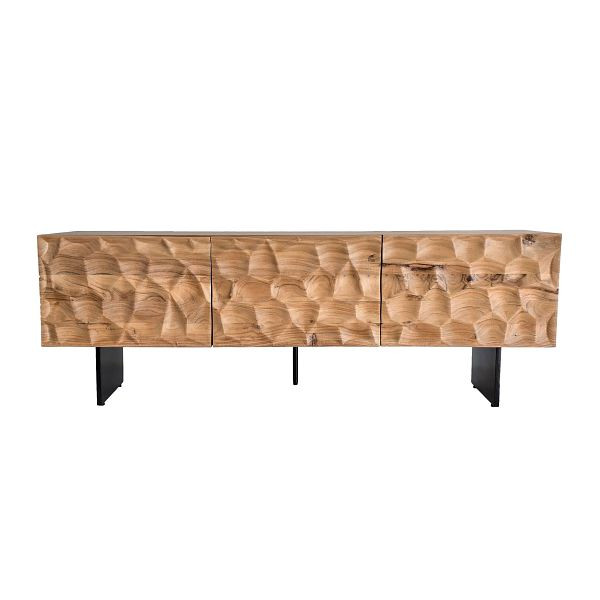 Wohnling Lowboard Akazie Massivholz 160x56x37cm TV-Kommode mit drei Türen, Design TV-Schrank 3D-Optik Hoch, Fernsehschrank Modern mit Metallbeine, WL7.024
