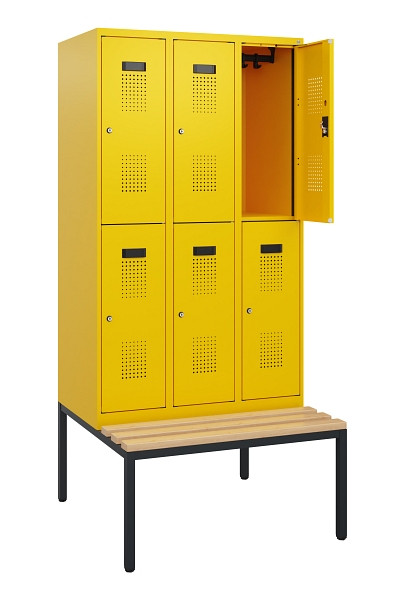 C+P Doppelstöckiger Spind Evolo PLUS, Bank, 6 Fächer, 1950x900x815mm, 1023/1023, Zylinderschloss, Sitzfläche Buche-Hartholz, Sitzbank, 0493505-30 S10062