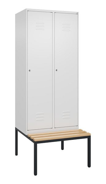 C+P Umkleidespind Classic PLUS mit Mitteltrennwand, Bank, 2 Abteile, 2120x800x815mm, 9016/9016, Zylinderschlösser, Buche-Sitzleisten, 0800507-22F S10058