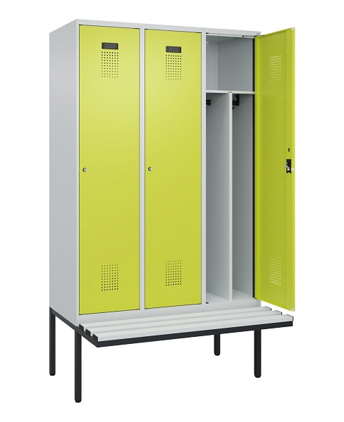 C+P Spind Evolo PLUS, 3 Abteile, 2120x1200x815mm, 7035/0024, Haken 4, Zylinderschloss, Sitzfläche Kunststoff, Trennwand, 0490407-32F S10096