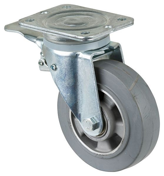 BS Rollen Schwerlastrolle mit Feststeller, Breite 50 mm, Ø160 mm, bis 300 kg, Elastik-Reifen grau, Radkörper Aluminium, Kugellager, N120.B83.160