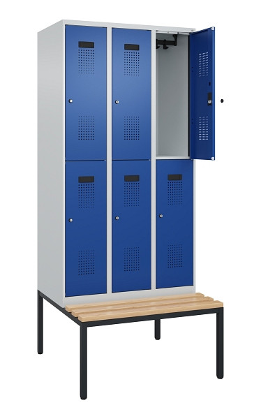 C+P Doppelstock-Spind Evolo PLUS, Bank, 6 Fächer, 2120x900x815mm, 7035/5010, Zylinderschloss, Sitzfläche Buche-Hartholz, Sitzbank, 0493507-30 S10033