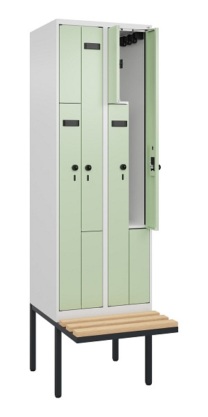 C+P Z-Spind Evolo PLUS, Bank, 4 Fächer, 2120x600x815mm, 9016/6019, Drehriegel, Sitzfläche Holz, 0490437-204 S10018