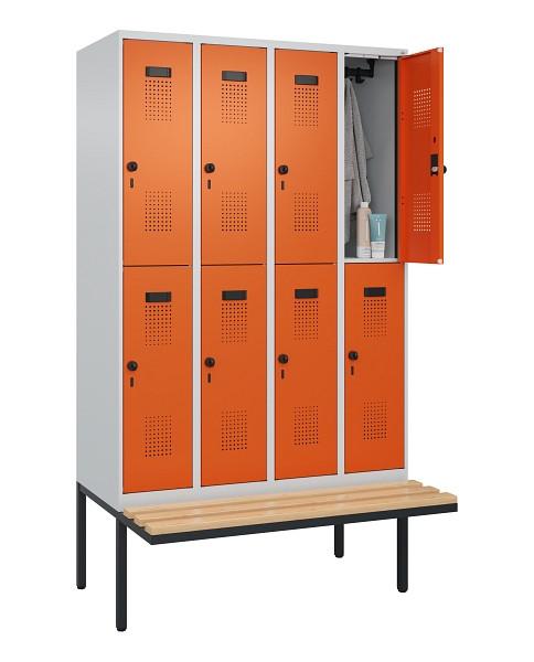 C+P Doppelstock-Spind Evolo PLUS, Bank, 8 Fächer, 2120x1200x815mm, 7035/2004, Drehriegel, Sitzfläche Buche-Hartholz, 0493407-40 S10002