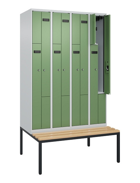 C+P Z-Spind Evolo PLUS, 8 Fächer, 2120x1200x815mm, 7035/6011, Zylinderschloss, Material Sitzfläche Buche-Hartholz, Sitzbank, 0490537-408 S10033