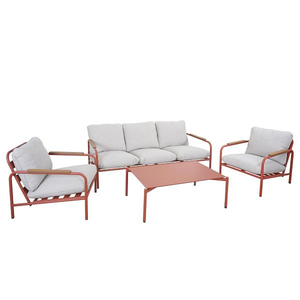 Mendler Aluminium-Gartengarnitur HWC-O11, Outdoor 3-Sitzer Sitzbank Sessel Sofa, Olefin (205 g/m²), terrakotta Polster beige, 110593+2x110591+110594