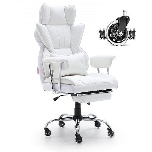 VEVOR Bürostuhl PU Leder Weiß mit Fußstütze, Schreibtisch Höhenverstellbar 0–80 mm, 181,43 kg Tragfähigkeit, 860 x 610 mm Rückenlehne, LBYZXKPGDJT0U1Z5NV0