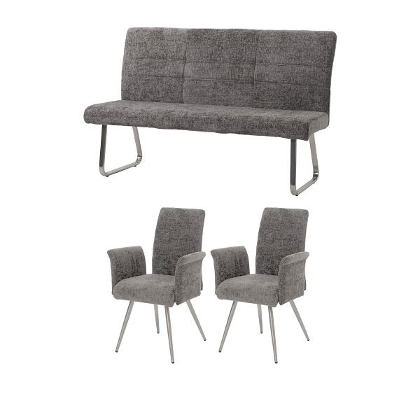 Mendler Esszimmer-Set HWC-G55, 2er-Set Stuhl mit Armlehne+Sitzbank 160cm, Edelstahl gebürstet Stoff/Textil Chenille, dunkelgrau, 108107+108228