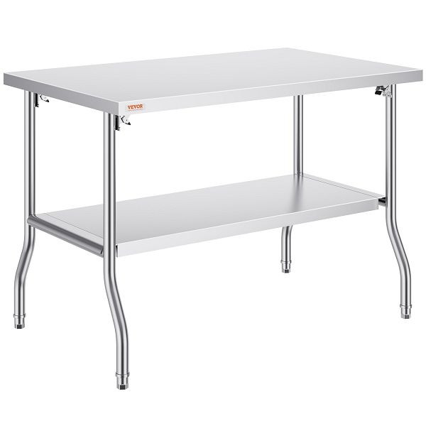 VEVOR Kommerzieller Arbeitstisch, 48 x 30 Zoll, klappbar, Doppelregal aus Edelstahl, mit 772 Pfund Traglast, silberfarbene Kücheninsel, CFGZT30X48YC00001V0