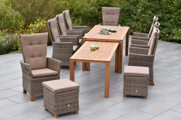 Merxx Toskana Set 11-teilig, 2 Toskana Sessel, 6 Toskana Sessel, 2 Hocker mit Auflage, 1 Flex Ausziehtisch, 185/362,5 x 90/73,5 x 76/ 70 cm, 50603-211