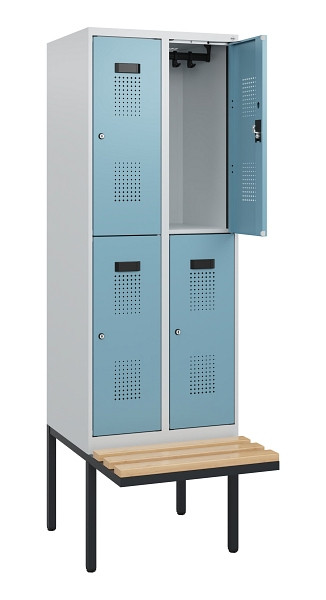 C+P Doppelstock-Spind Evolo PLUS, Bank, 4 Fächer, 1950x600x815mm, 7035/0010, Zylinderschloss, Sitzfläche Buche-Hartholz, 0493405-20 S10035