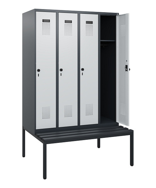 C+P Spind Evolo PLUS, 4 Abteile, 1950x1200x815mm, 7016/7035, Drehriegel, Sitzfläche Kunststoff, Sitzbank, 0490505-40 S10071
