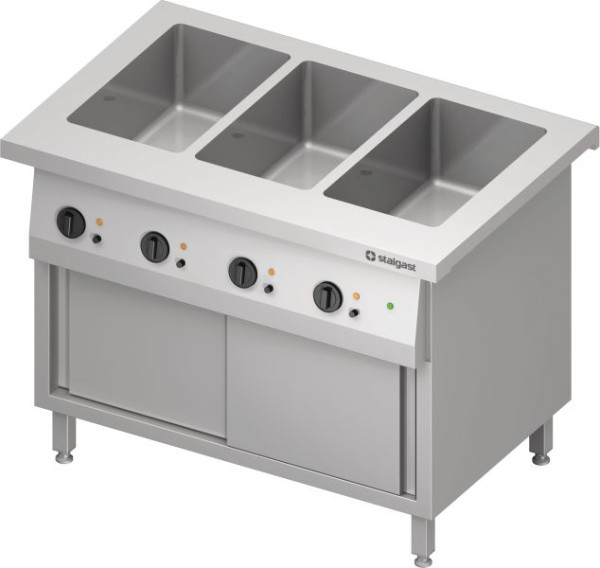 Stalgast Edelstahl Bain-Marie-Station "Free Flow" 3x GN1/1-Becken, mit Wärmeschrank und Schiebetüren, 1132x750x880 mm Granitabdeckung, FF11217