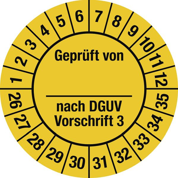 Moedel Prüfplakette Geprüft...DGUV Vorschrift 3, 2026-2035, Folie, Ø 25 mm, VE: 10 Stück/Bogen, 107165