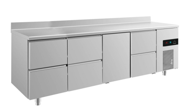 A&S Polarny Kühltisch -2 bis +8°C mit 1x Tür mittig-rechts und 3x zwei Schubladen, 2330 x 700 x 850 mm, mit Aufkantung, KT4ZZTZA