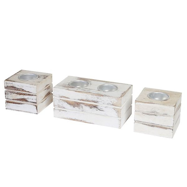 Mendler 2-1-1 Set Teelichthalter Leuca, Teelichtständer, Shabby-Look Vintage, weiß, 46712
