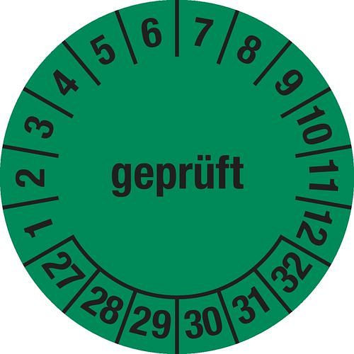 DENIOS Prüfplakette "geprüft", 27 - 32, grün, Folie, selbstklebend, 30 mm, VE: 5 Bogen à 15 Stück, 290222