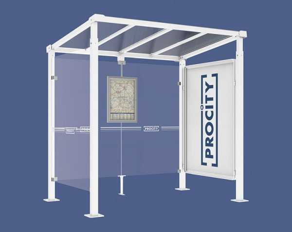 Procity Wartehalle Milano - 1 Schaukasten 2000 + 1 Seitenverkleidung, Farbe RAL 9010, Maße: Breite 2500 x Höhe 2545 x Tiefe 1824 mm, 529246.9010