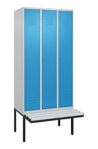 C+P Umkleidespind Classic PLUS, 3 Abteile, 2120x900x815mm, 7035/5012, Zylinderschlösser, je 2 Doppel-Haken, 0800407-30F S10019