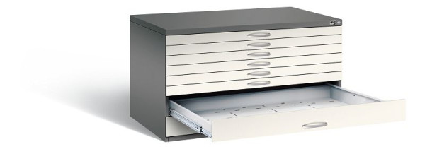 C+P Flachablageschrank Serie 7100_7200, H760xB1350xT960mm, Farbe: Vulkangrau / Perlweiß, Bügelgriff, 7201-200 S10188