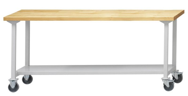 ANKE Werkbänke Arbeitstisch; fahrbar; 2000 x 700 x 890 mm; RAL 7035; Buche-Massiv-Platte 40 mm; Ablageboden aus Stahlblech 500 mm tief, 400.917