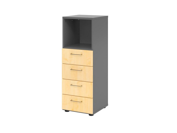 Hammerbacher Schubladenschrank 3OH, 4 Schübe 934S4 BS, Korpus: Graphit / Front: Ahorn, 40x41,7x110 cm (BxTxH), 4 Schubkästen, Metallgriff BS, V934S4/G/3/BS