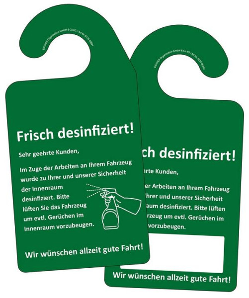 Eichner KFZ-Spiegelanhänger "Frisch desinfiziert!", grün, VE: Pack á 100 Stück, 9220-00091