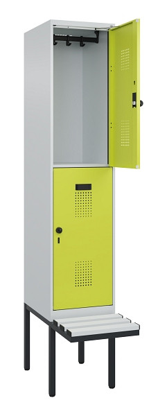 C+P Doppelstock-Spind Evolo PLUS, Bank, 2 Fächer, 2120x400x815mm, 7035/0024, Drehriegel, Sitzfläche Kunststoff, 0493407-12 S10096
