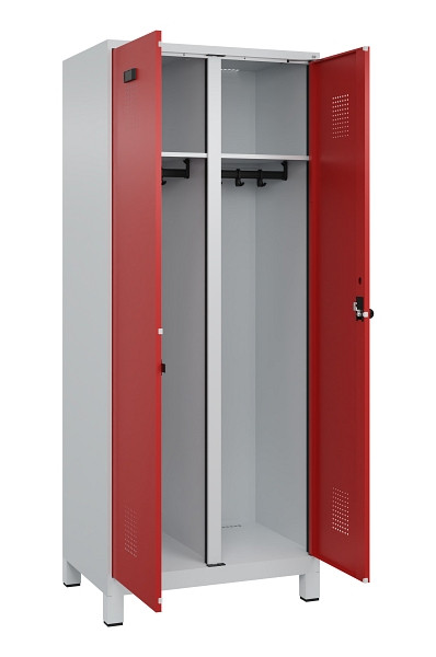 C+P Schwarz-Weiß-Spind Evolo PLUS, mit Füßen, 2 Abteile, 1950x800x500mm, 7035/3, Frontfarbe RAL 3000 feuerrot, Drehriegel, 049012-22 S10003
