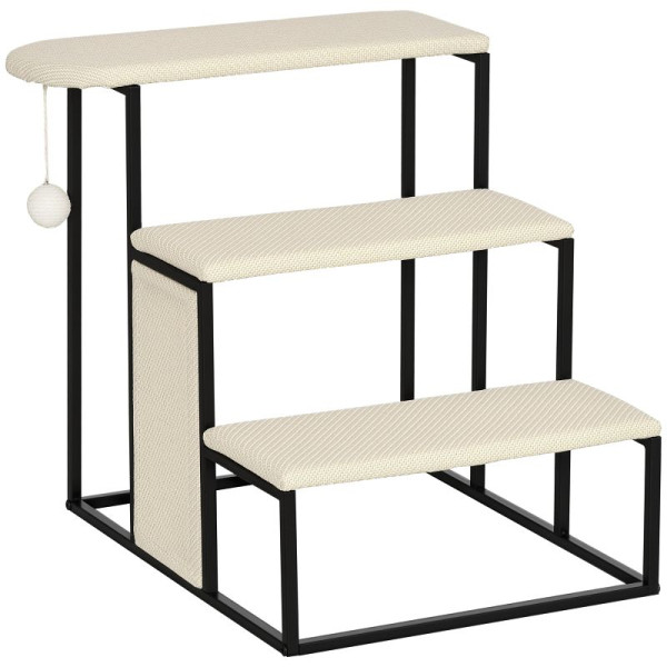 PawHut Katzentreppe, mit Kratzbrett, 3 Stufen, Ball, robust, Stahl+Sisal. cremeweiß+schwarz, D06-156V01CW