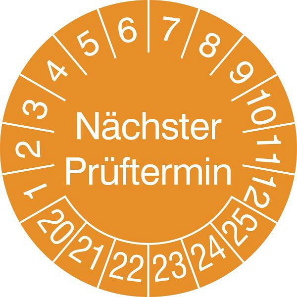 SafetyMarking Prüfplakette - mit Jahresfarbe, Nächster Prüftermin, Jahr der Prüfung: 20, Ø 3 cm, Folie, selbstklebend, VE: 15 Stück/Bogen, 30.C8010-20