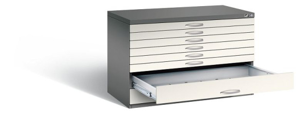 C+P Flachablageschrank Serie 7100_7200, H760xB1100xT765mm, Farbe: Vulkangrau / Perlweiß, Bügelgriff, 7101-200 S10218
