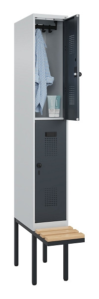C+P Doppelstock-Spind Evolo PLUS, Bank, 2 Fächer, 2120x300x815mm, 7035/7016, Drehriegel, Sitzfläche Buche-Hartholz, 0493407-10 S10012