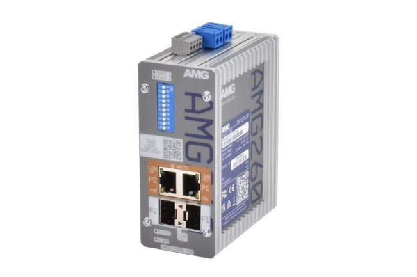AMG Systems PoE Medienkonverter, 2 x 10/100/1000BT RJ45 mit 30W PoE, 2 x 100/1000 Base-FX SFP Slot, DIN Rail / Wandmontage, AMG260-2GAT-2S-P60