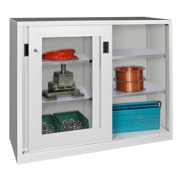 Pavoy Schwerlastschiebetürschrank 1200/1500/500, Mitteltrennwand, 4 verzinkte Fachböden; Sichtfenstertüren; Drehdruckzylinderschloss, 30331-150-590-735