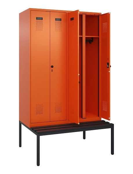C+P Schwarz-Weiß-Spind Evolo PLUS, Bank, 4 Abteile, 2120x1200x815mm, 2004/2004, Drehriegel, Sitzfläche Kunststoff, Sitzbank, 0490527-40 S10077