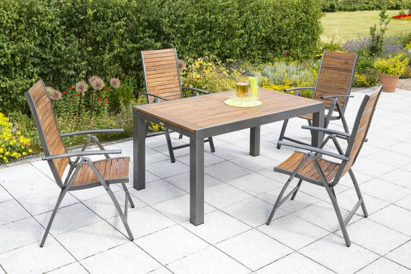 Merxx Santorin Set 5-teilig, 4 Klappsessel, Rückenlehne 5-fach verstellbar, 1 Ausziehtisch, 150 (200) x 90 cm, Aluminium mit FSC® Akazienholz, 50224-209