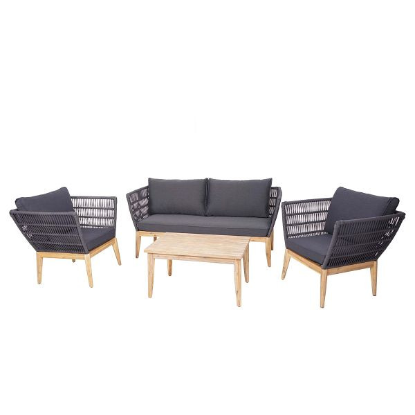 Mendler Gartengarnitur HWC-H55, Lounge-Set Sofa Sitzgruppe, Seilgeflecht Massivholz Akazie Spun Poly FSC, Kissen dunkelgrau, 73655+73656