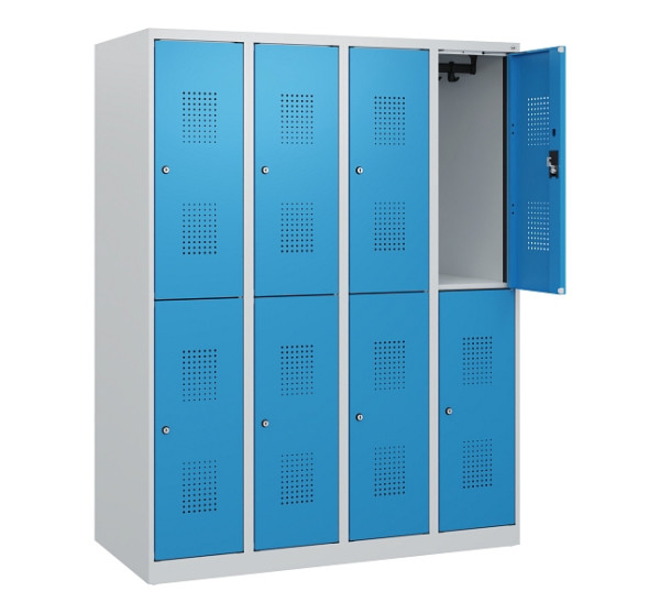 C+P Doppelstöckiger Spind Evolo PLUS, 8 Fächer, 1530x1200x500mm, 7035/5012, Zylinderschloss, 0493005-40 S10031