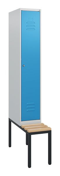 C+P Umkleidespind Classic PLUS, mit untergebauter Sitzbank, 1950x300x815mm, 7035/5012, Zylinderschloss, Buche-Sitzleisten, 0800505-10 S10019