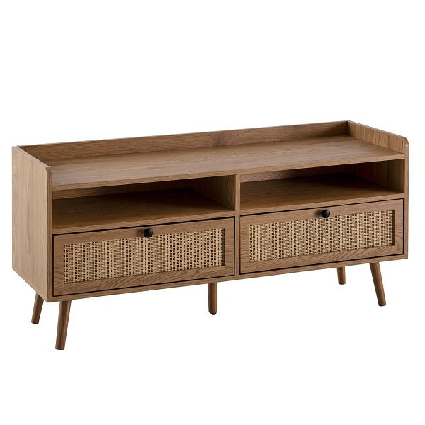 Wohnling Lowboard 120x56x39cm TV-Kommode mit Eiche-Dekor & Rattan, Design TV-Schrank Hoch mit Schubladen, Fernsehtisch Fernsehschrank Stauraum, WL6.887