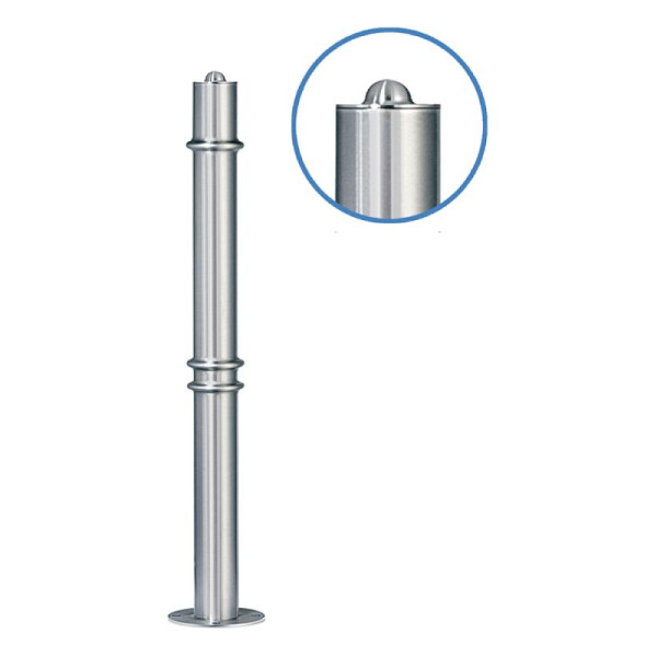 Stein HGS Absperrpfosten "Acero Halbhügel" (V2A) Ø76mm, aus Edelstahl, 3 Zierringe, herausnehmbar, Dreikantzylinder unten/Bodenhülse, geschliffen, 13253-g
