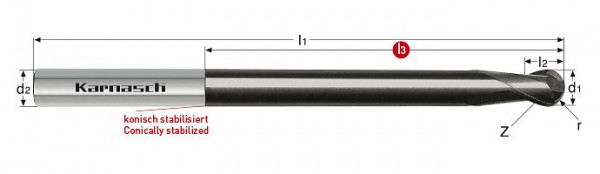 Karnasch VHM-3D-Radiusfräser, extralang, Rockwell Cutter d= 6,0 / r= 3,00 / L3= 64 mm HHC/HSC UFX-3, VE: 2 Stück, 3064750600